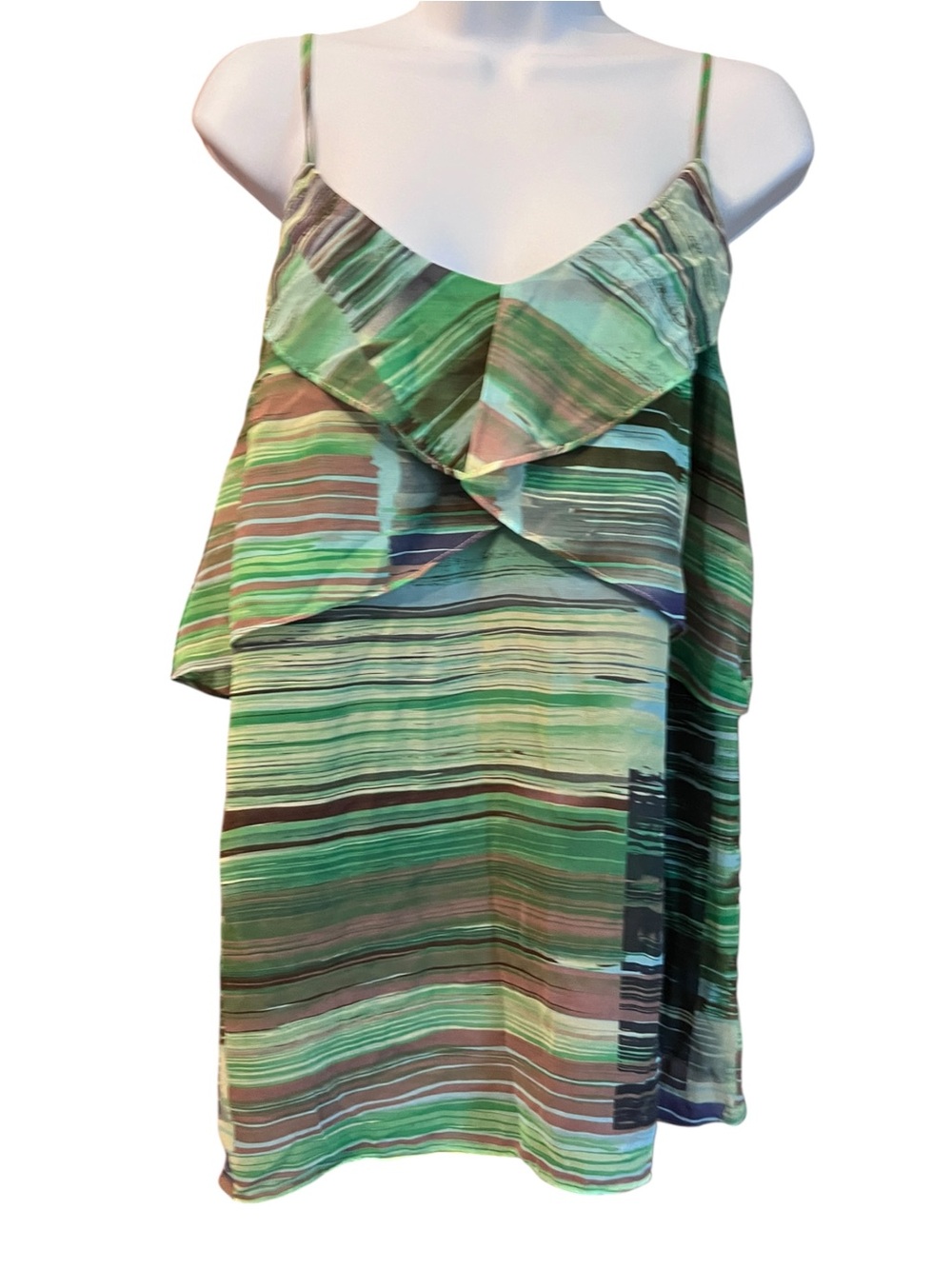 CAbi Large Green Abstract Stripe Ruffle Cami Tank Top Layered Boho Blouse
